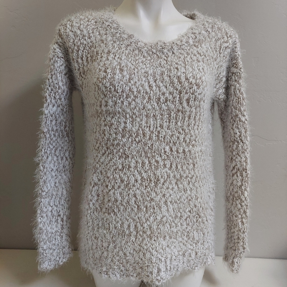 Rhapsody Cream Tan Pullover Knit Sweater Women Size M Fuzzy Stretchable Tunic